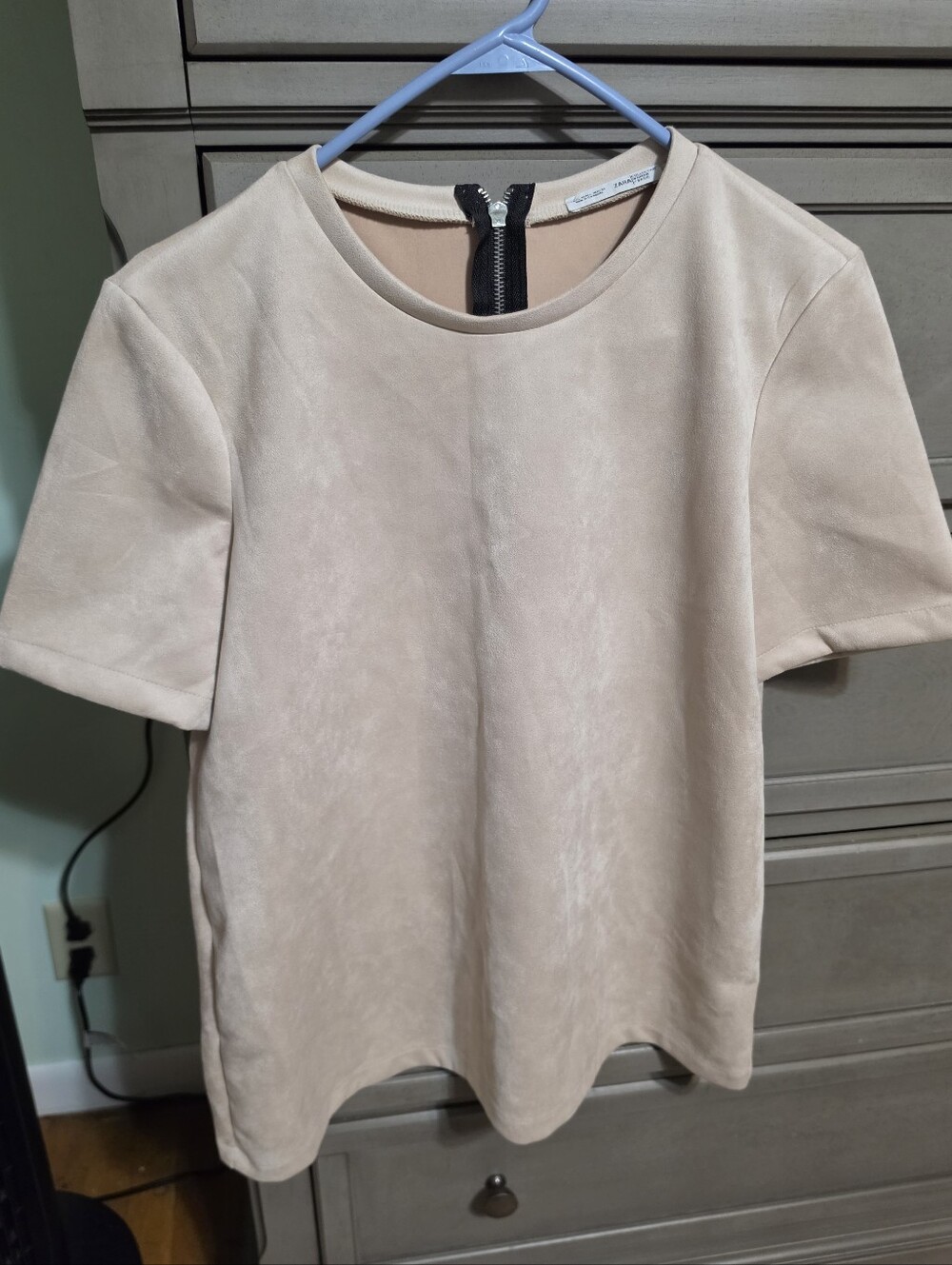 Zara Cream Short-Sleeve Crewneck Top with Back Zip